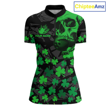 Black Skull camo Green Shamrock pattern St Patrick bowling shirt for Women custom bowling team jersey NQS11550