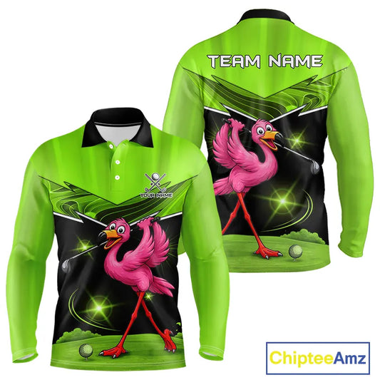 Funny Flamingo Green Golf Polo Shirts For Men Custom Flamingo Team mens golf tops, funny golf gifts NQS11675