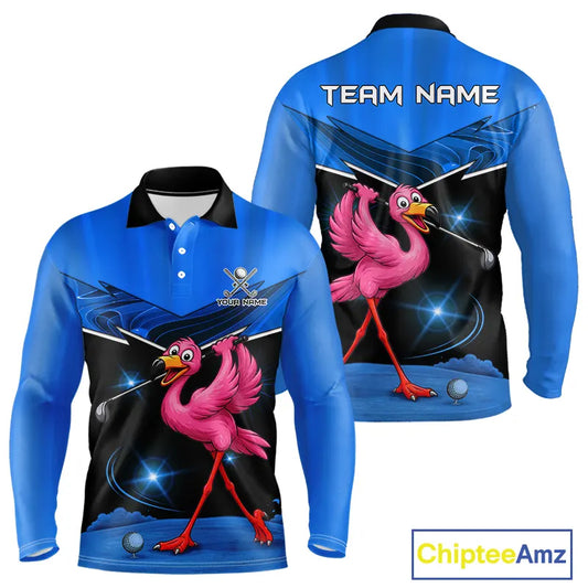 Funny Flamingo Blue Golf Polo Shirts For Men Custom Flamingo Team mens golf tops, funny golf gifts NQS11676