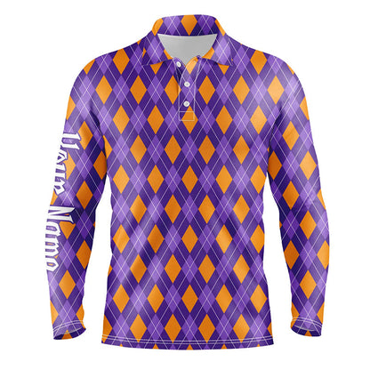 Orange and Purple argyle Halloween Seamless pattern custom Mens golf polo shirts, golf attire for men NQS8142