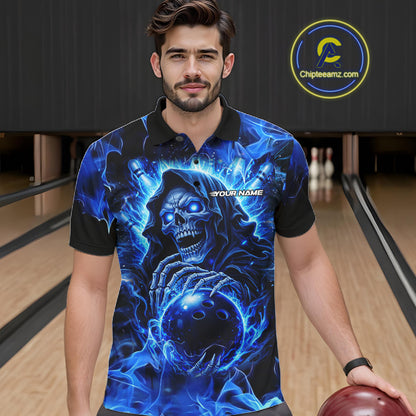 Blue Flame Skull Bowling Polo, 1/4 Zip Shirts For Men Custom Bowling Reaper Team Bowling jersey NQS11348