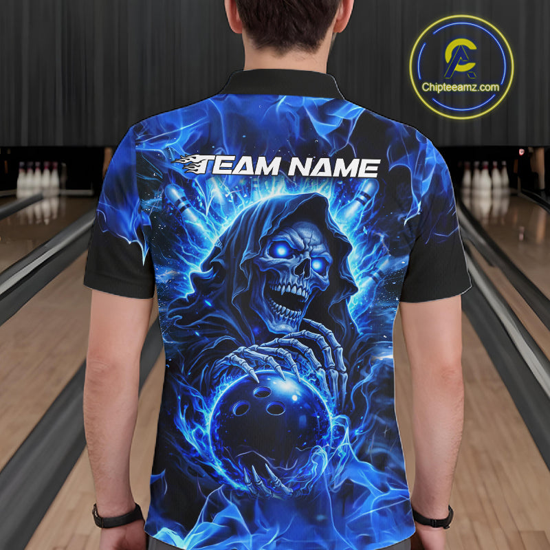 Blue Flame Skull Bowling Polo, 1/4 Zip Shirts For Men Custom Bowling Reaper Team Bowling jersey NQS11348