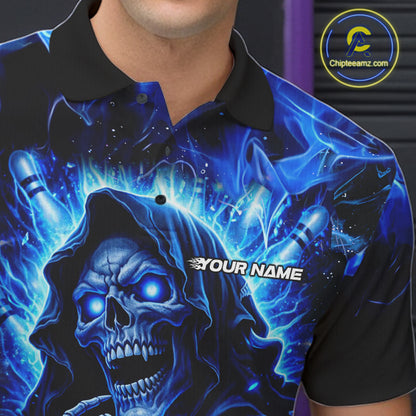 Blue Flame Skull Bowling Polo, 1/4 Zip Shirts For Men Custom Bowling Reaper Team Bowling jersey NQS11348