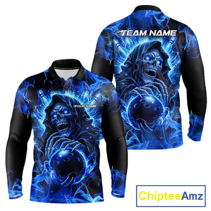 Blue Flame Skull Bowling Polo, 1/4 Zip Shirts For Men Custom Bowling Reaper Team Bowling jersey NQS11348