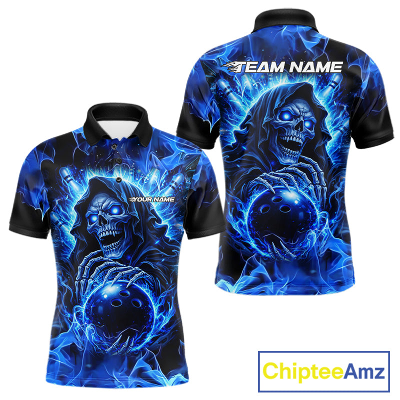 Blue Flame Skull Bowling Polo, 1/4 Zip Shirts For Men Custom Bowling Reaper Team Bowling jersey NQS11348