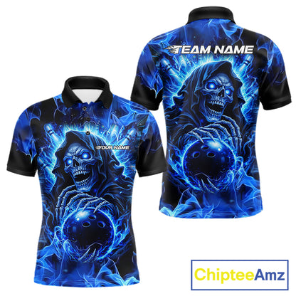 Blue Flame Skull Bowling Polo, 1/4 Zip Shirts For Men Custom Bowling Reaper Team Bowling jersey NQS11348
