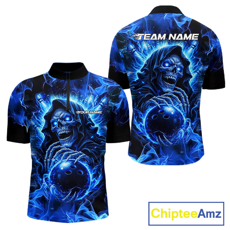 Blue Flame Skull Bowling Polo, 1/4 Zip Shirts For Men Custom Bowling Reaper Team Bowling jersey NQS11348