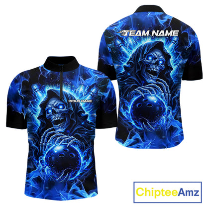 Blue Flame Skull Bowling Polo, 1/4 Zip Shirts For Men Custom Bowling Reaper Team Bowling jersey NQS11348