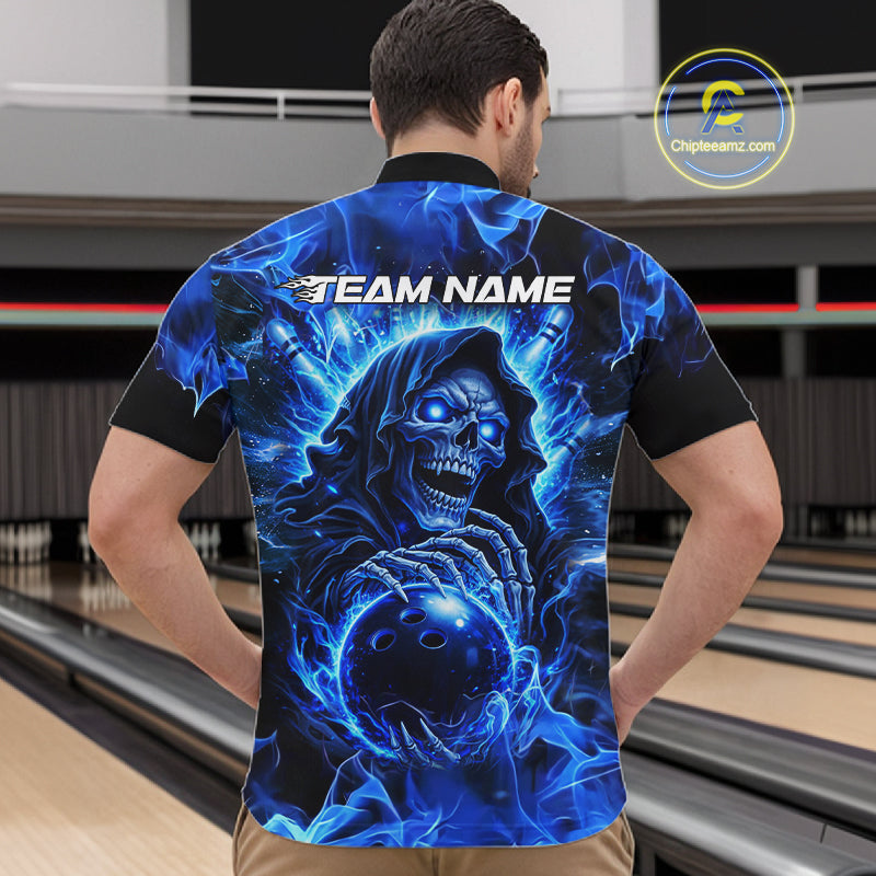 Blue Flame Skull Bowling Polo, 1/4 Zip Shirts For Men Custom Bowling Reaper Team Bowling jersey NQS11348
