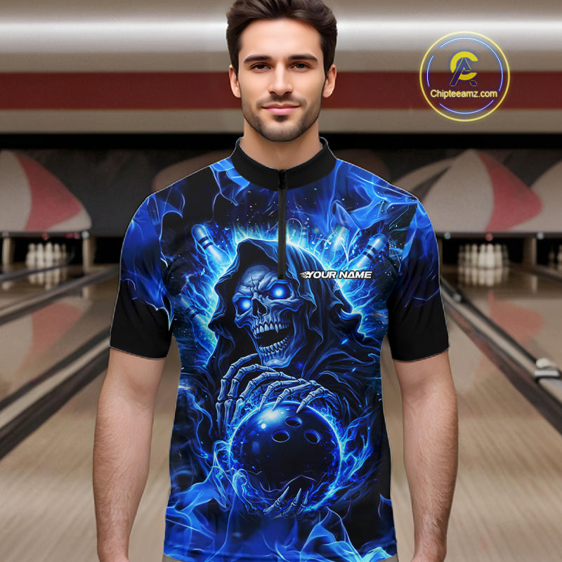 Blue Flame Skull Bowling Polo, 1/4 Zip Shirts For Men Custom Bowling Reaper Team Bowling jersey NQS11348