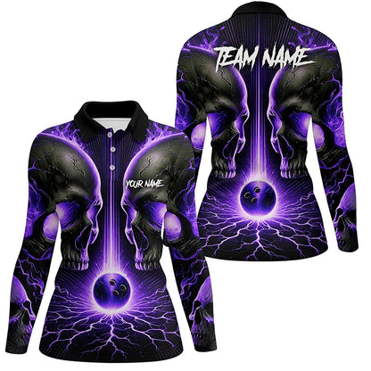 Purple Flame Custom Skull Bowling Shirts For Women, Skull Bowling Team Shirts NQS8373