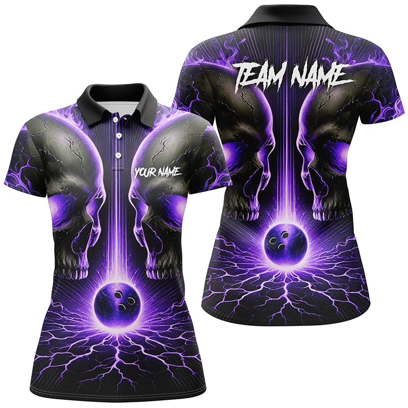 Purple Flame Custom Skull Bowling Shirts For Women, Skull Bowling Team Shirts NQS8373