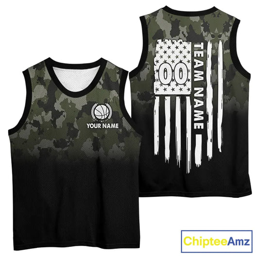 Black and Green Camo Basketball Team Jerseys Custom American Flag Patriotic Basketball Shirts NQS11356