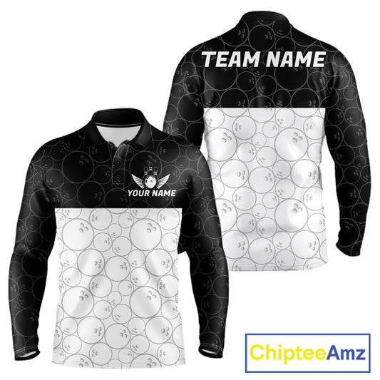 Black and White Bowling Camo Polo, 1/4 Zip Shirts for Men Custom Bowling Team League Bowlers Outfit NQS11701