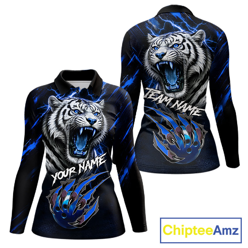 Black & Blue Lightning Thunder Tiger Women Bowling Polo, 1/4 zip shirts custom team Bowling jerseys NQS11575