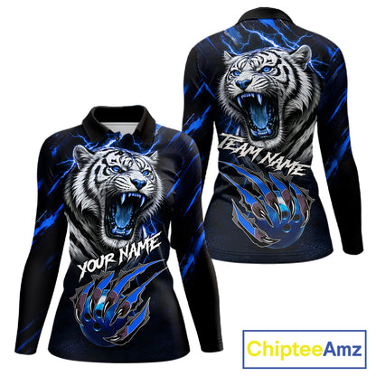Black & Blue Lightning Thunder Tiger Women Bowling Polo, 1/4 zip shirts custom team Bowling jerseys NQS11575