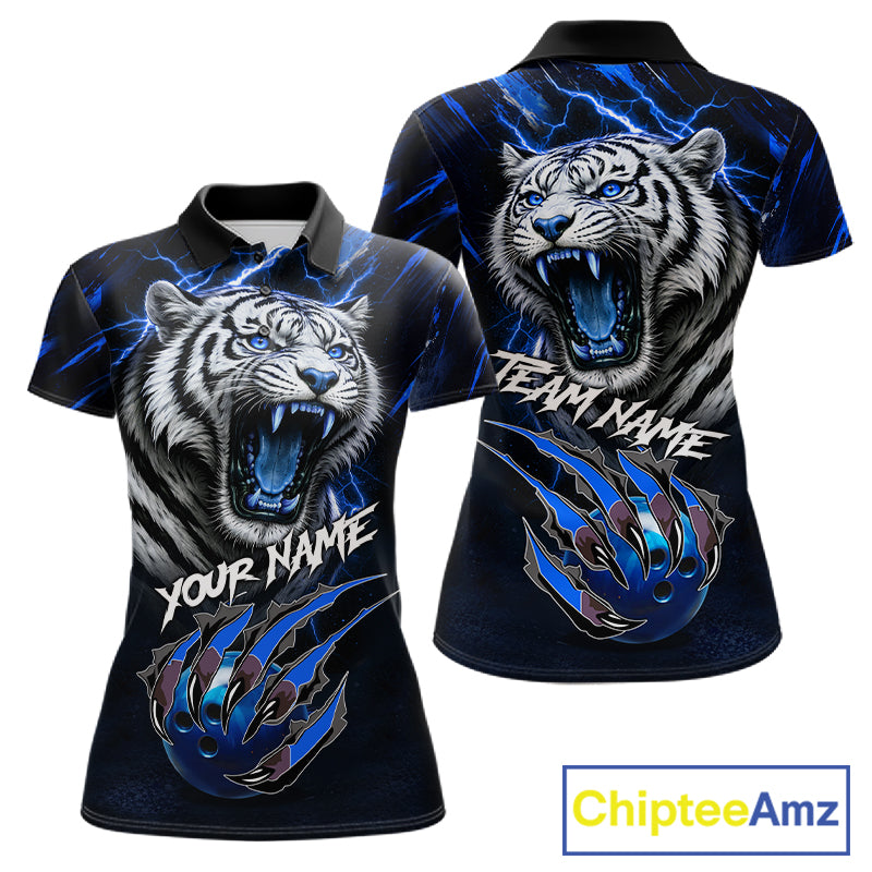 Black & Blue Lightning Thunder Tiger Women Bowling Polo, 1/4 zip shirts custom team Bowling jerseys NQS11575