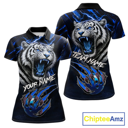 Black & Blue Lightning Thunder Tiger Women Bowling Polo, 1/4 zip shirts custom team Bowling jerseys NQS11575