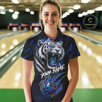 Black & Blue Lightning Thunder Tiger Women Bowling Polo, 1/4 zip shirts custom team Bowling jerseys NQS11575