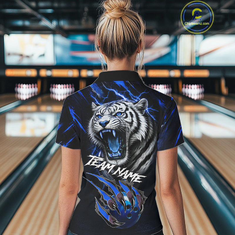 Black & Blue Lightning Thunder Tiger Women Bowling Polo, 1/4 zip shirts custom team Bowling jerseys NQS11575