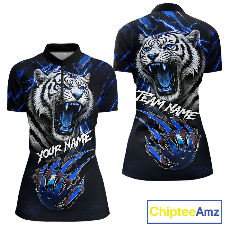 Black & Blue Lightning Thunder Tiger Women Bowling Polo, 1/4 zip shirts custom team Bowling jerseys NQS11575