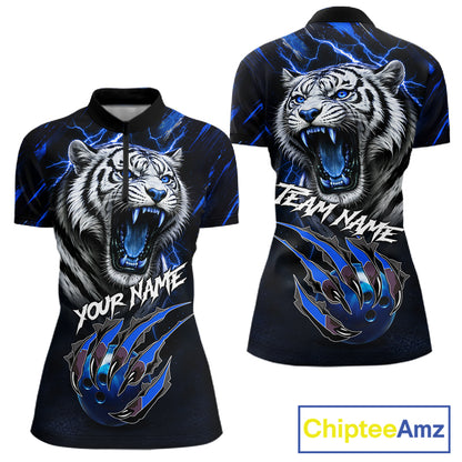 Black & Blue Lightning Thunder Tiger Women Bowling Polo, 1/4 zip shirts custom team Bowling jerseys NQS11575