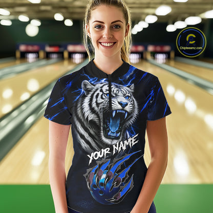 Black & Blue Lightning Thunder Tiger Women Bowling Polo, 1/4 zip shirts custom team Bowling jerseys NQS11575