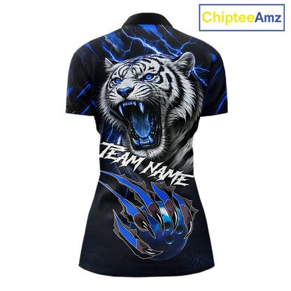 Black & Blue Lightning Thunder Tiger Women Bowling Polo, 1/4 zip shirts custom team Bowling jerseys NQS11575