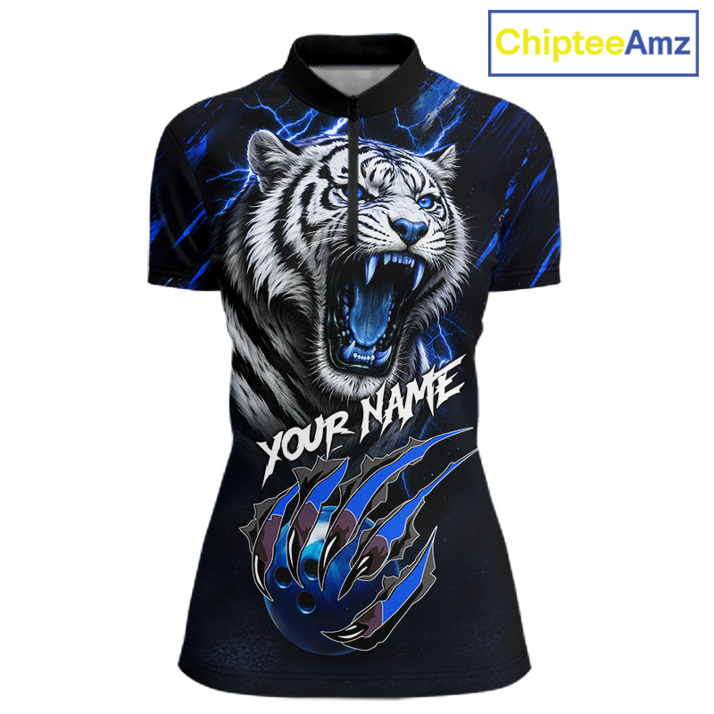 Black & Blue Lightning Thunder Tiger Women Bowling Polo, 1/4 zip shirts custom team Bowling jerseys NQS11575