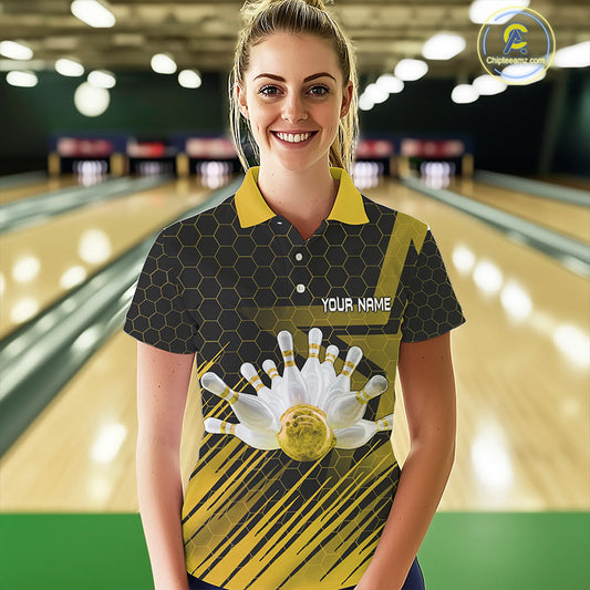 Black And Gold Custom Bowling Polo, Quarter Zip Shirts For Women, Bowling Team League Jersey NQS9810