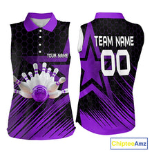 Load image into Gallery viewer, Black And Purple Custom Bowling Women Sleeveless Polo Shirt, Bowling Team League Jersey NQS9811