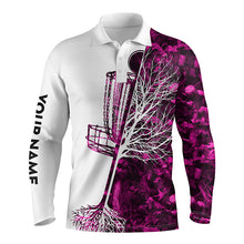 Load image into Gallery viewer, Mens disc golf polo shirt custom name pink camo disc golf basket, personalized disc golf shirts NQS4632
