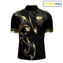 Load image into Gallery viewer, Black and Gold Dragon Bowling ball Polo, Quarter Zip Shirts for Men Custom Bowling Team jerseys NQS11579