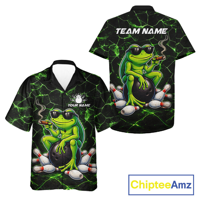 Black & Green Funny Frog Bowling Hawaiian Shirt Custom Team Frog Bowling League Jersey NQS11583