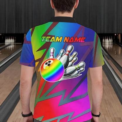 Colorful Rainbow Lightning Thunder Team bowling shirt for Men custom bowling Polo, 1/4 zip jersey NQS9627