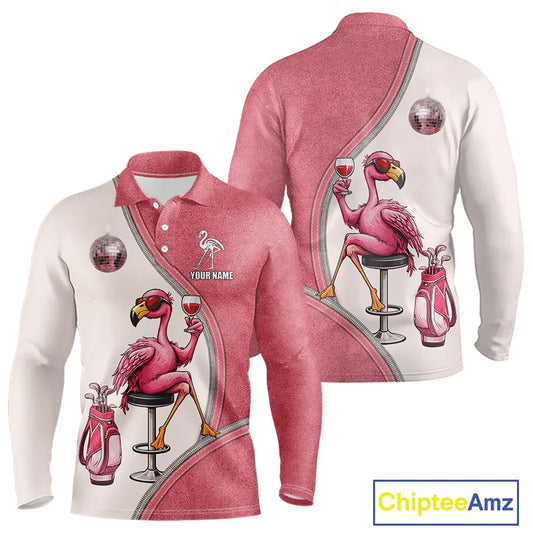 Custom Funny Pink Flamingo Drink Wine Golf Polo Shirts For Men, Flamingo Mens Golf tops NQS11711