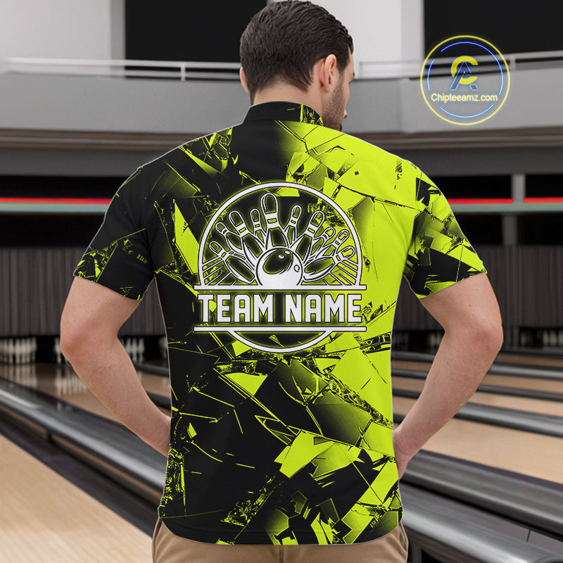 Custom Broken Glass Black and Green Neon Bowling Shirts For Men, Bowling Team League Jerseys NQS11174