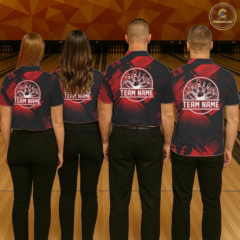 Black and Red Camo Bowling Polo, 1/4 zip Shirts For Men Custom Bowling Team League Jerseys NQS11175
