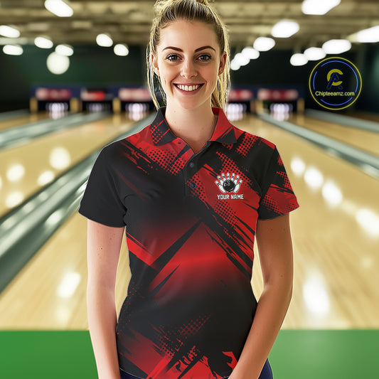 Black and Red Camo Bowling Polo, 1/4 zip Shirts For Women Custom Bowling Team League Jerseys NQS11175