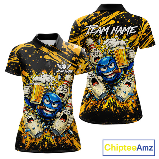 Black and Yellow Funny Bowling and Beer Custom Bowling Shirts For Women, Bowling Team League jerseys NQS11587