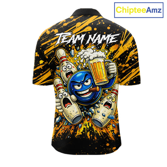 Black and Yellow Funny Bowling and Beer Custom Bowling Shirts For Men, Bowling Team League jerseys NQS11587