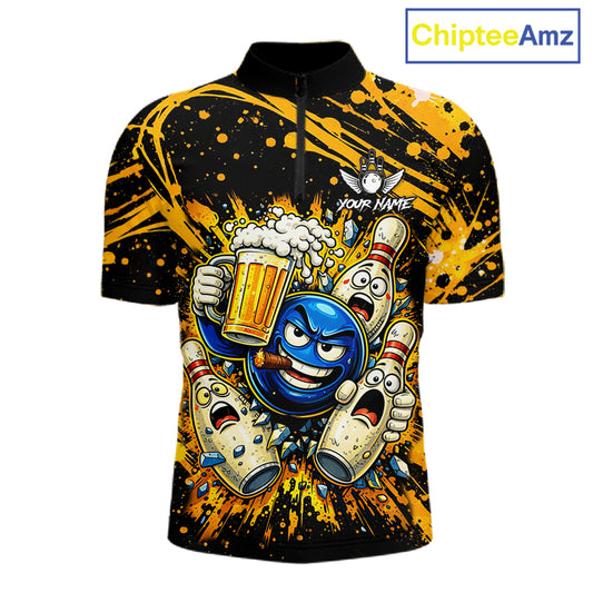Black and Yellow Funny Bowling and Beer Custom Bowling Shirts For Men, Bowling Team League jerseys NQS11587