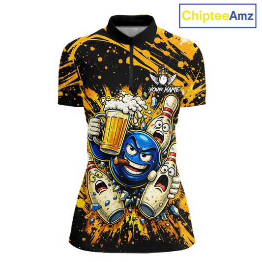Black and Yellow Funny Bowling and Beer Custom Bowling Shirts For Women, Bowling Team League jerseys NQS11587