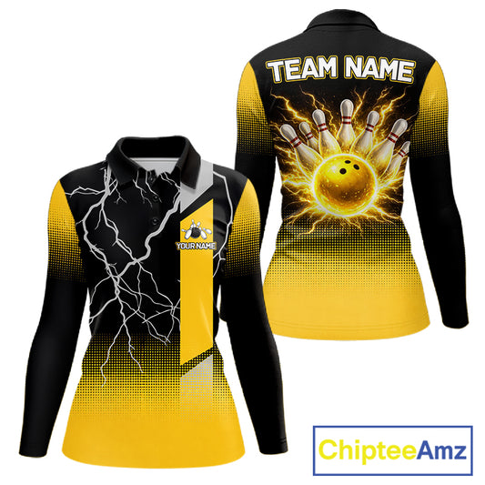 Personalized black & yellow bowling shirt for women lightning thunder custom bowling gifts for ladies NQS11377