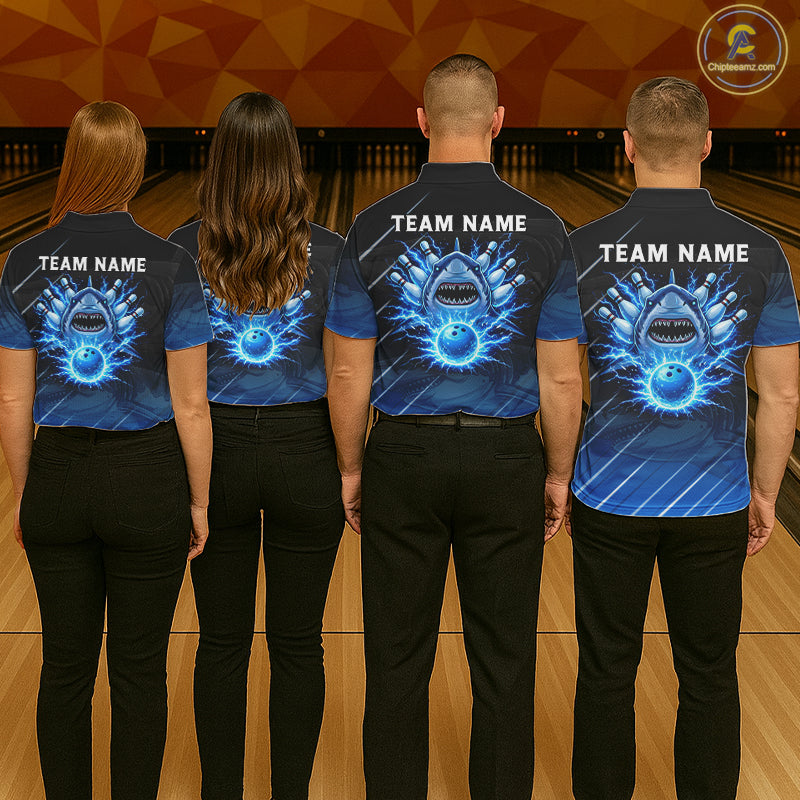 Black and blue shark bowling shirt for men custom lightning thunder bowling polo, quarter zip shirts NQS11378