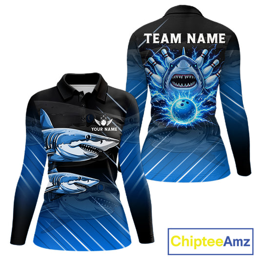 Black and blue shark bowling shirt for women custom lightning thunder bowling polo, quarter zip shirt NQS11378
