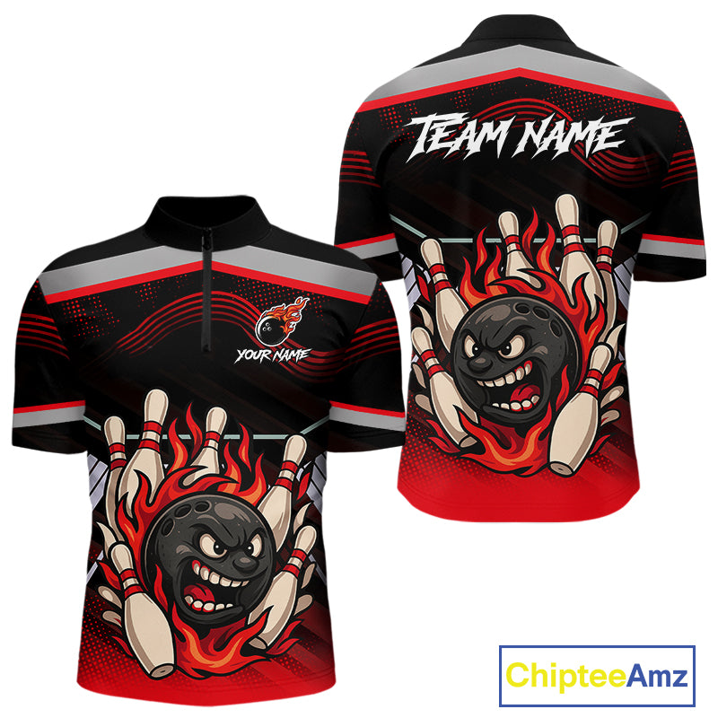 Black and Red Flame Funny Bowling Ball and Pins Bowling shirts for men custom team bowling outfits NQS10985