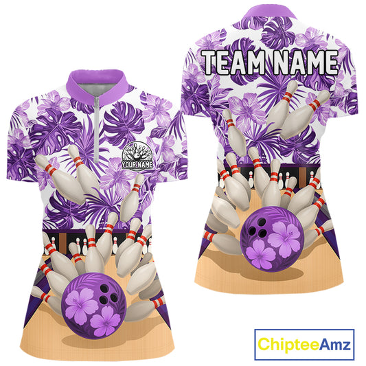 Purple tropical flower Bowling Polo, Quarter Zip Shirts For Women Custom bowling team jersey NQS10989
