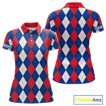 Load image into Gallery viewer, Women golf polo shirt custom red, white and blue argyle plaid pattern golf attire for ladies NQS9847
