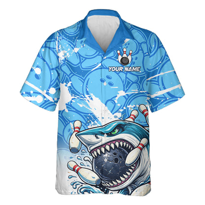 Blue Bowling Camo Angry Shark Bowling Button-up Shirts Custom Shark Team Hawaiian Bowling Jersey NQS11605